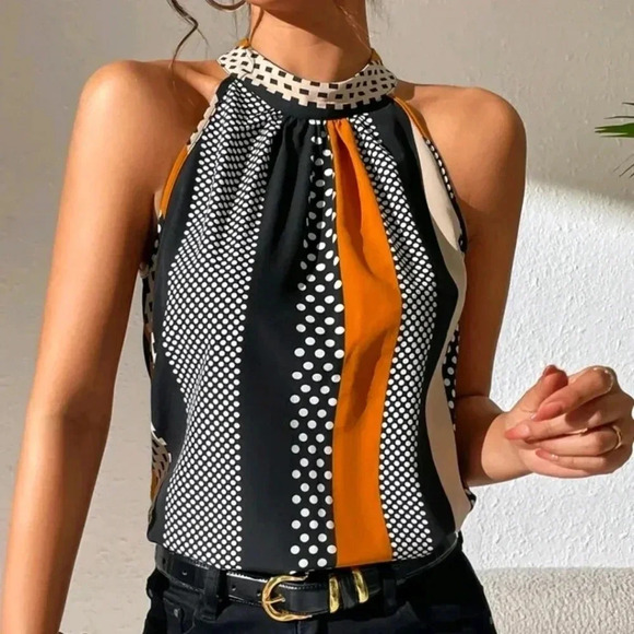 COPY - Polka Dot Print Key Hole Back Halter Neck Blouse - Picture 1 of 6